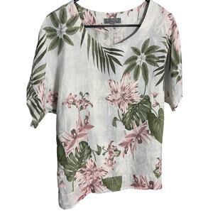 Pistache Italy 100% Linen Floral Top Medium‎ Tropical Botanical Blouse Resort